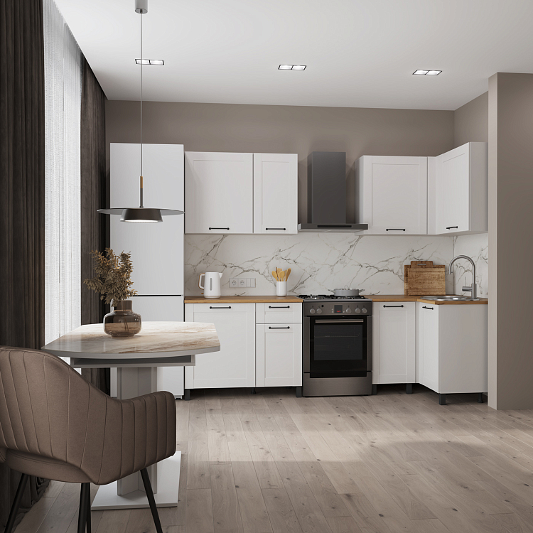 Кухня Аризона (1200) белый/столешница дуб вотан/ДВПО белый/профиль ПВХ белый О